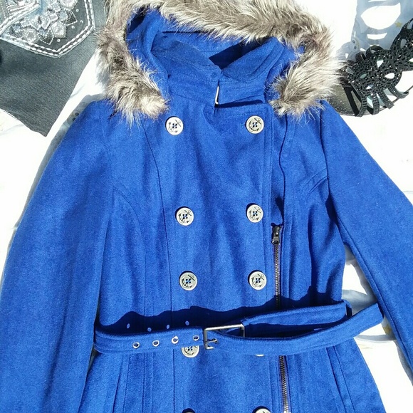 DeliA*s blue double breasted fur hood zipper coat - Picture 2 of 8
